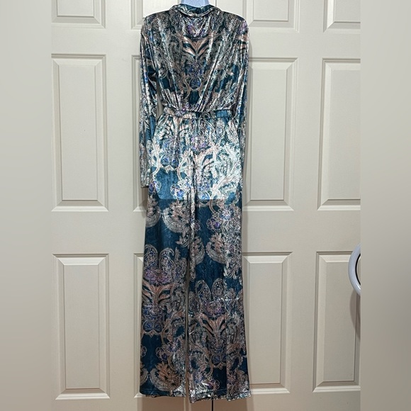 Free People Delphine Velvet Jumpsuit Printed Blue Wide Leg One Piece - Picture 4 of 6